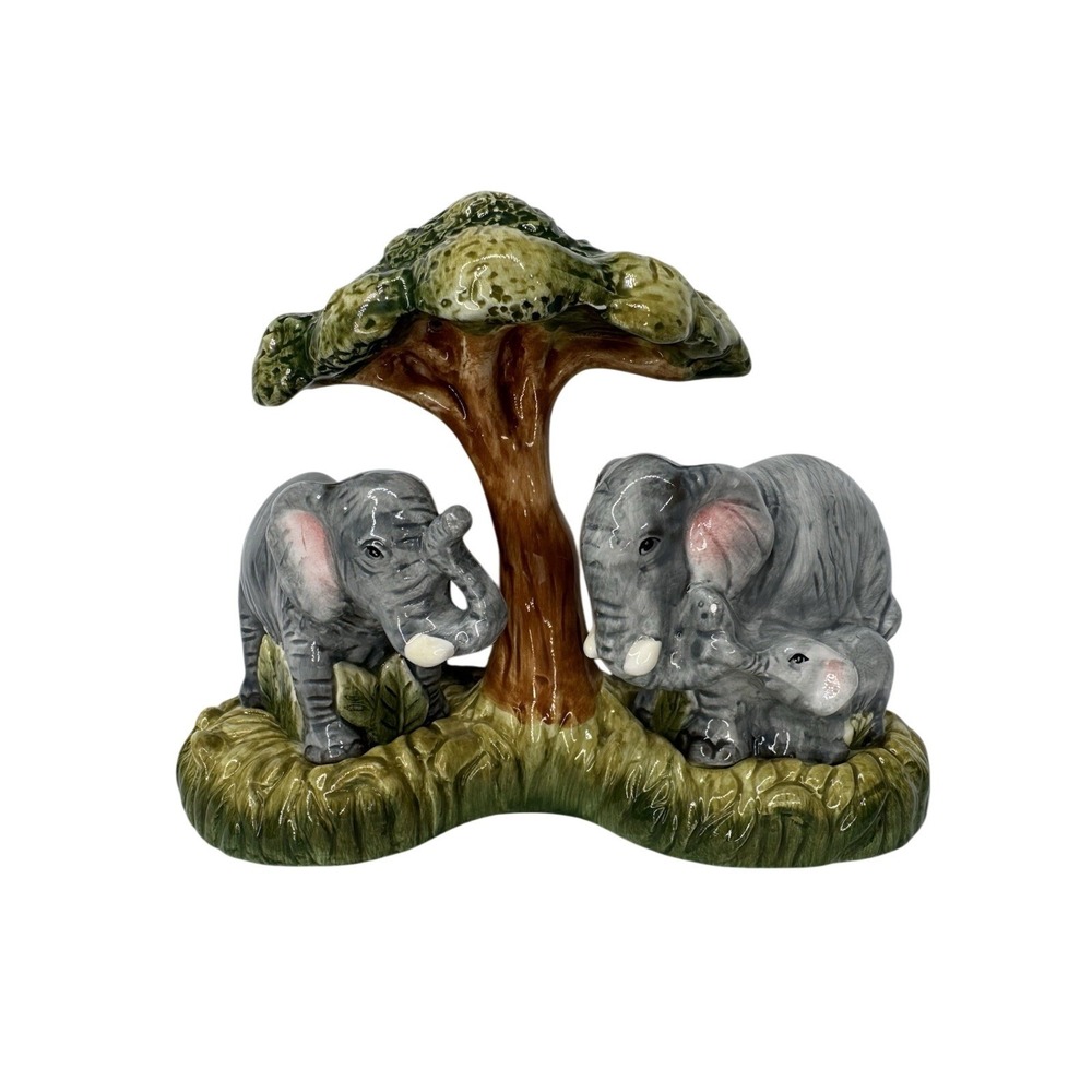 Elephant Family Salt & Pepper Shakers Ceramic Tree Holder Safari Figurine Set
